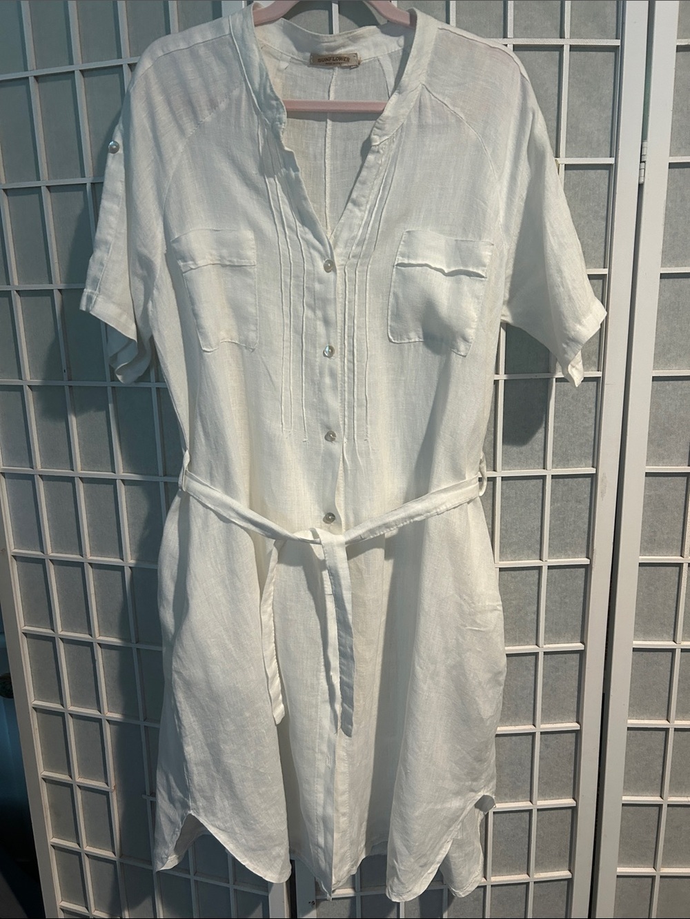 Women's Lightweight White Button-Front Shirt Dress with Tie Waist